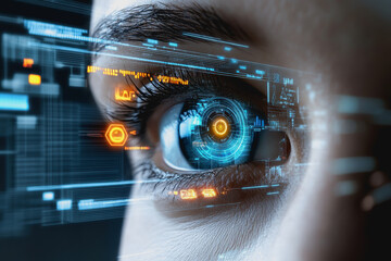 Eye interacting with futuristic HUD display, biometric data, and digital interface elements