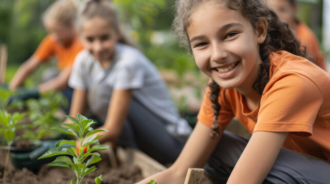 A group of teenagers working in a youth volunteer program, showcasing positive behavior and community involvement, with a focus on teamwork and social impact