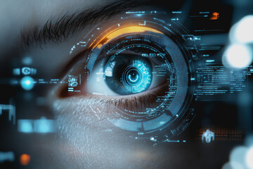 Eye interacting with futuristic HUD display, biometric data, and digital interface elements