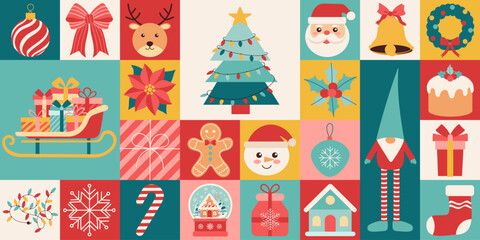 A colorful Christmas scene with a variety of festive elements such as a sleigh, gingerbread man, and Santa Claus