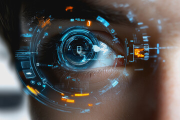 Eye interacting with futuristic HUD display, biometric data, and digital interface elements