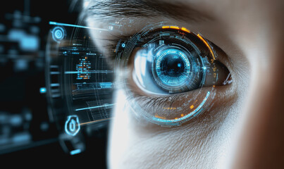 Eye interacting with futuristic HUD display, biometric data, and digital interface elements