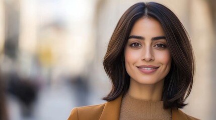 Close-Up of a Hispanic Woman with an Elegant Hairstyle and Designer Handbag. Highlighting Her Stylish Appearance and Sophisticated Fashion Choices.
