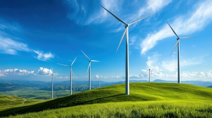 Wind turbines on green hills under a vibrant blue sky with fluffy clouds.