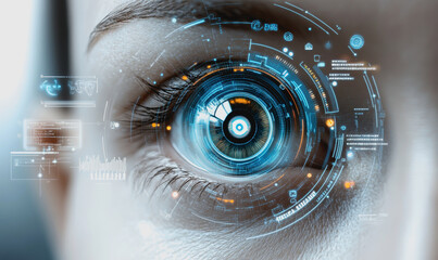 Eye interacting with futuristic HUD display, biometric data, and digital interface elements