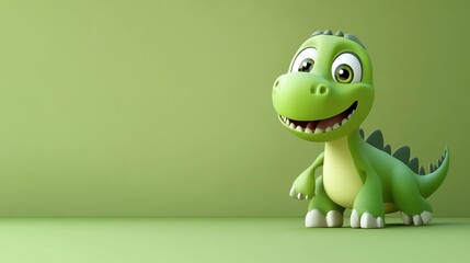Fototapeta premium A friendly green cartoon dinosaur smiles at the camera.