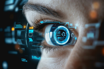 Eye interacting with futuristic HUD display, biometric data, and digital interface elements