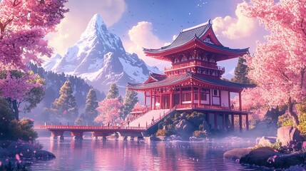 Obraz premium Lofi Beautiful Japanese Japan Buddhist Temple Shinto Shrine at Sea River with Cherry Blossom Sakura Architecture - Anime Manga Style Cozy Chill Relax Wallpaper Background 