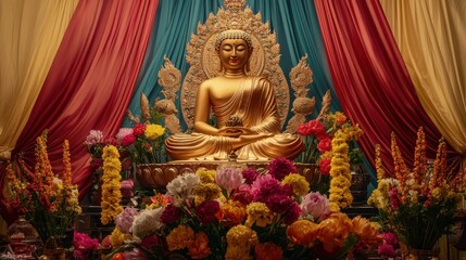 Fototapeta premium A large Taowesuwan statue surrounded by vibrant flowers and traditional ornaments,