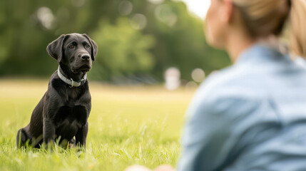 Canine behavior expert demonstrating advanced dog training methods to address behavioral issues, improve obedience, and relationship between dog and handler. Structured exercises and reinforcement.