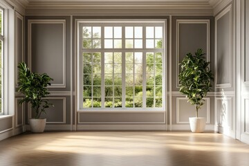 Fototapeta premium Elegant empty room, wooden floors and gray walls, white moulding and large window with nature view, gentle ambient lighting.