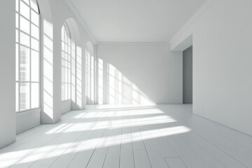 Fototapeta premium Empty white room, blank walls and white wood floor, modern interior, soft daylight.