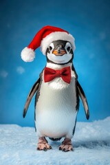 Fototapeta premium Christmas penguin in santa hat with red bow tie on snow