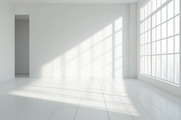 Obraz premium Empty white room, blank walls and white wood floor, modern interior, soft daylight.