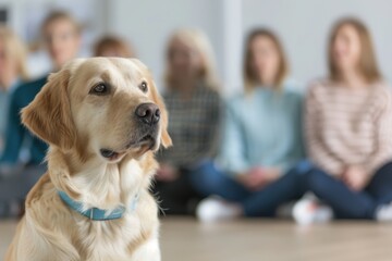 Dog obedience school featuring trainers guiding dogs. Structured training exercises. Discipline, behavior modification, and positive reinforcement. Better behavior and owner-pet relationships.