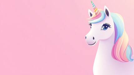 A cute unicorn with a rainbow mane and horn on a pink background.