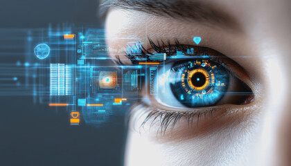 Eye interacting with futuristic HUD display, biometric data, and digital interface elements