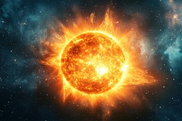The sun in space, with its powerful rays illuminating the surrounding darkness.