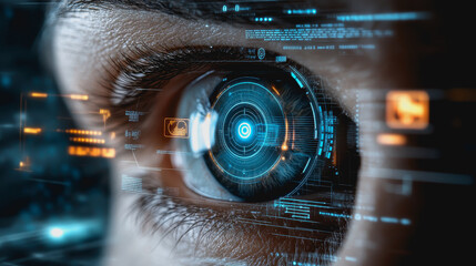 Eye interacting with futuristic HUD display, biometric data, and digital interface elements
