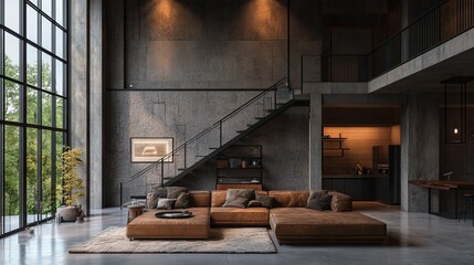 Modern Loft Interior with Large Leather Sectional Sofa