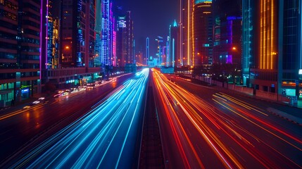 Naklejka premium Vibrant Cityscape with Light Trails at Night