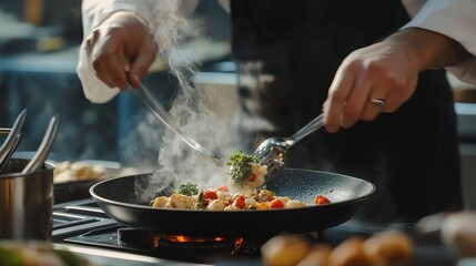 A chef preparing a dish in a pan.