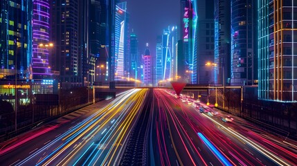 Fototapeta premium Urban Symphony Night Lights and Traffic Trails in a Modern City