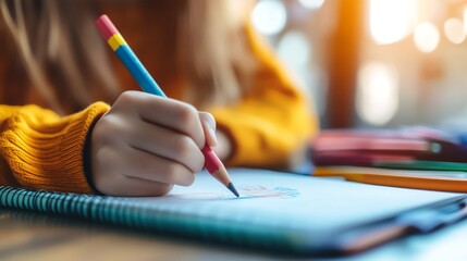 Close-up of a hand drawing on a notebook with colorful pencils.