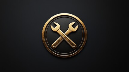 Golden crossed wrenches icon in black circle with gold rim on black background.