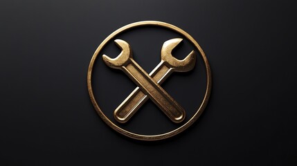 Golden wrench symbol in a circle on a black background.