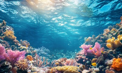  a vibrant underwater coral reef scene, showcasing a variety of colorful corals, seaweed, and marine life bathed in sunlight filtering through the water's surface