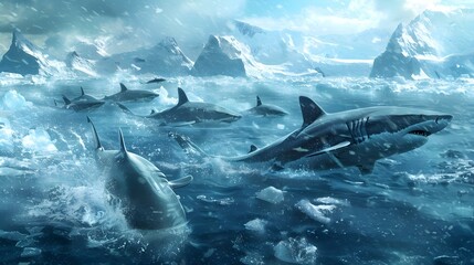 Fototapeta premium A Pack of Sharks Hunting in the Arctic Ocean