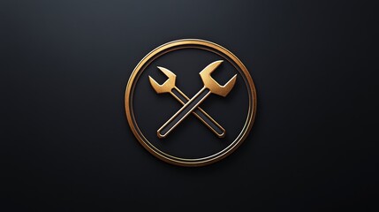 Fototapeta premium Golden wrench icon in a circle on black background.