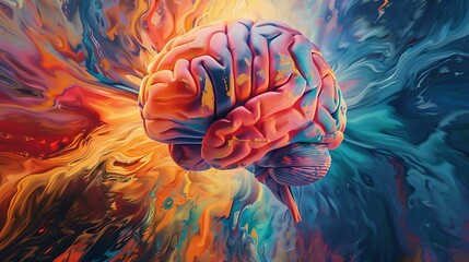 A human brain illustrated as the center of an energetic explosion, with swirling colors and abstract forms radiating outward, signifying the dynamic flow of thoughts and creative energy.