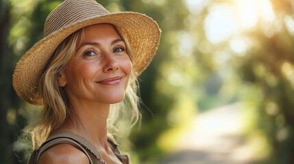 A cheerful woman in a straw hat smiles warmly in a sunlit nature trail, reflecting happiness and serenity in a lush environment. - Powered by Adobe