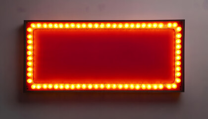Red retro billboard lightbox or blank shining signboard with yellow glowing neon light bulbs isolated on white wall background with shadow