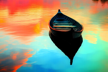 A single boat floats on the calm water, reflecting the colorful sky.