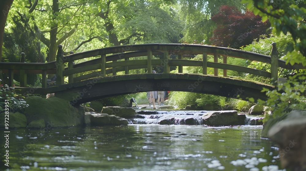 Sticker Tranquil Wooden Bridge Over a Serene Stream in a Lush Garden