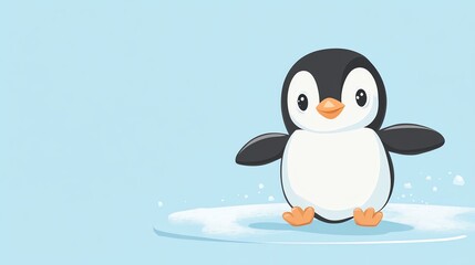 Naklejka premium Cute cartoon penguin standing on ice.