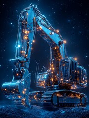  smart blue digital excavator, AI in construction site management systems, excavation planning algorithms, equipment maintenance schedules, and real-time monitoring for safety and efficiency design 
