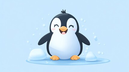 Cute cartoon penguin smiling on ice floe.