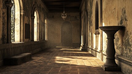A serene interior space with arched windows and a stone pedestal, illuminated by soft light.