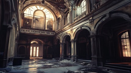 Naklejka premium A grand, dilapidated interior of an abandoned building with light streaming through windows.