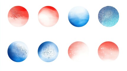 Fototapeta premium A collection of abstract circular patterns in red, white, and blue tones, showcasing smooth gradients and textured designs.