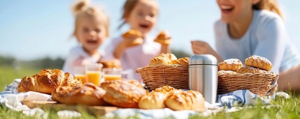 Family picnic with coffee thermoses and pastries, celebrating International Coffee Day outdoors, picnic, coffee, family celebration