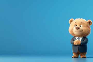 A cute bear character in a suit, standing against a bright blue background, ideal for children's themes or playful designs.