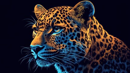 Obraz premium A vibrant and artistic depiction of a leopard's face, showcasing its striking patterns in bold colors.