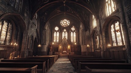 Obraz premium A grand, illuminated interior of a historic church with intricate architecture and seating.