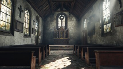 Fototapeta premium A serene interior of a church with wooden pews and an altar illuminated by sunlight.