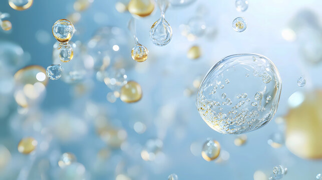 medical-style rendering of hyaluronic acid and collagen serum elements, showing bubbles and drops dissolving into the skin